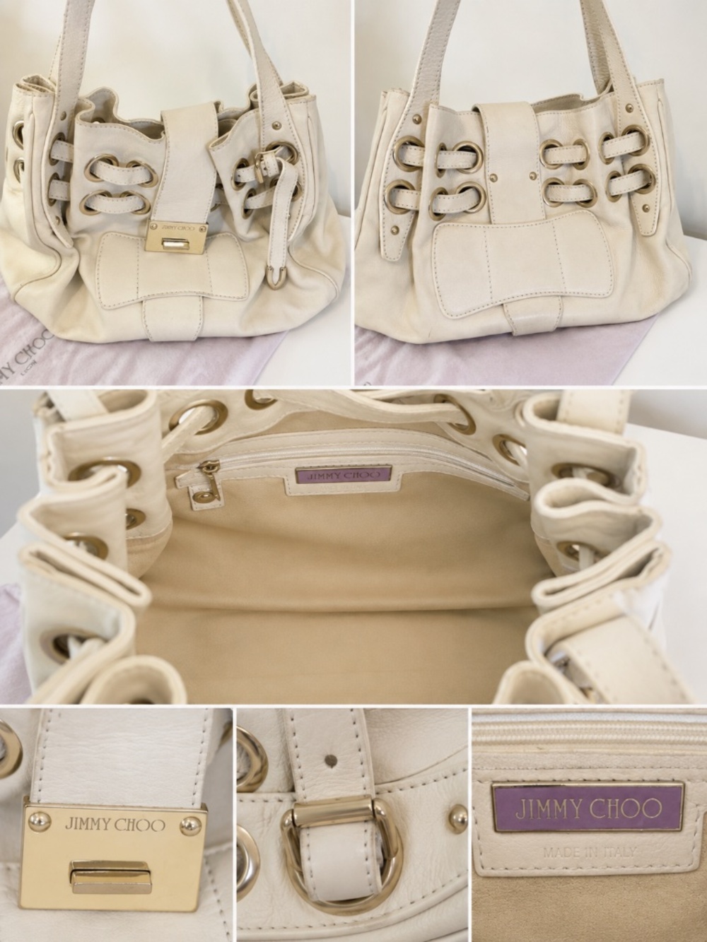 Jimmy Choo Tulita Eyelet Ivory Leather Shoulder Bag Gold Hardware
